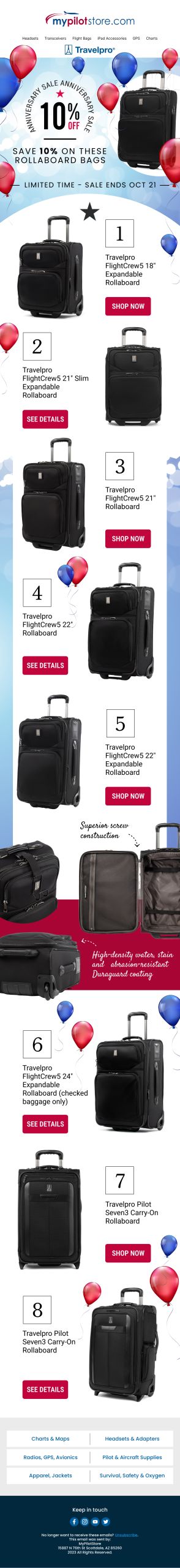 TravelPro rollaboard bags on sale, featuring various models with promotional details, balloons, and a banner highlighting a 10% discount for MyPilotStore's anniversary sale.