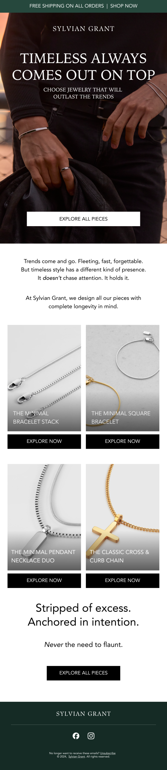 Timeless jewelry design by Sylvian Grant featuring minimalistic pieces, emphasizing durability and longevity, with a focus on email marketing success metrics.